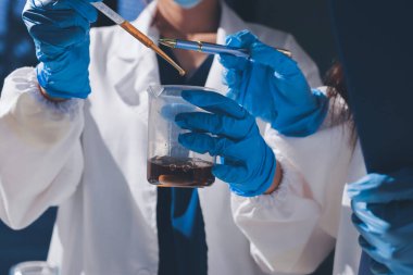 Bilimadamı laboratuarda tıbbi örnekleri mikro plakaya yerleştiriyor.