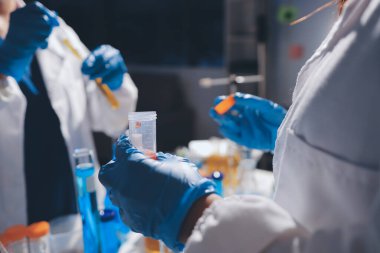 Bilimadamı laboratuarda tıbbi örnekleri mikro plakaya yerleştiriyor.