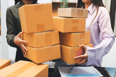 Küçük işletmeler kurma portresi KOBİ sahipleri ve iki Asyalı kadın online siparişleri kontrol ediyor. Ev işlerinde çalışan kutucuklarla çalışan ürünleri satıyorlar.