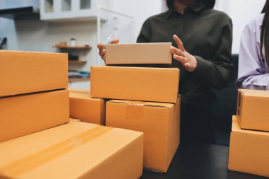 Küçük işletmeler kurma portresi KOBİ sahipleri ve iki Asyalı kadın online siparişleri kontrol ediyor. Ev işlerinde çalışan kutucuklarla çalışan ürünleri satıyorlar.