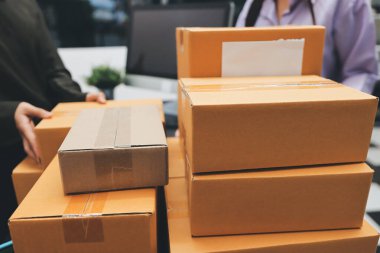 Küçük işletmeler kurma portresi KOBİ sahipleri ve iki Asyalı kadın online siparişleri kontrol ediyor. Ev işlerinde çalışan kutucuklarla çalışan ürünleri satıyorlar.