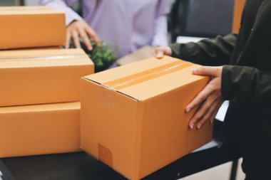 Küçük işletmeler kurma portresi KOBİ sahipleri ve iki Asyalı kadın online siparişleri kontrol ediyor. Ev işlerinde çalışan kutucuklarla çalışan ürünleri satıyorlar.