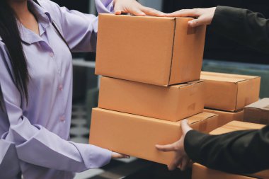 Küçük işletmeler kurma portresi KOBİ sahipleri ve iki Asyalı kadın online siparişleri kontrol ediyor. Ev işlerinde çalışan kutucuklarla çalışan ürünleri satıyorlar.