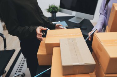 Küçük işletmeler kurma portresi KOBİ sahipleri ve iki Asyalı kadın online siparişleri kontrol ediyor. Ev işlerinde çalışan kutucuklarla çalışan ürünleri satıyorlar.