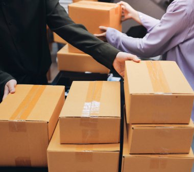 Küçük işletmeler kurma portresi KOBİ sahipleri ve iki Asyalı kadın online siparişleri kontrol ediyor. Ev işlerinde çalışan kutucuklarla çalışan ürünleri satıyorlar.