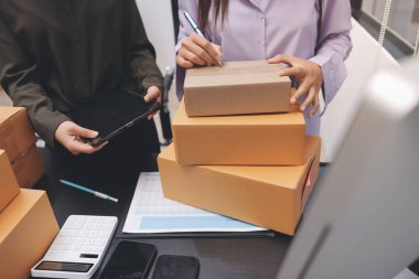 Küçük işletmeler kurma portresi KOBİ sahipleri ve iki Asyalı kadın online siparişleri kontrol ediyor. Ev işlerinde çalışan kutucuklarla çalışan ürünleri satıyorlar.