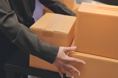 Küçük işletmeler kurma portresi KOBİ sahipleri ve iki Asyalı kadın online siparişleri kontrol ediyor. Ev işlerinde çalışan kutucuklarla çalışan ürünleri satıyorlar.