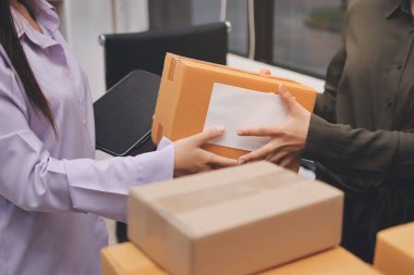 Küçük işletmeler kurma portresi KOBİ sahipleri ve iki Asyalı kadın online siparişleri kontrol ediyor. Ev işlerinde çalışan kutucuklarla çalışan ürünleri satıyorlar.