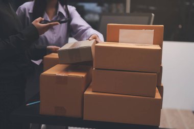 Küçük işletmeler kurma portresi KOBİ sahipleri ve iki Asyalı kadın online siparişleri kontrol ediyor. Ev işlerinde çalışan kutucuklarla çalışan ürünleri satıyorlar.