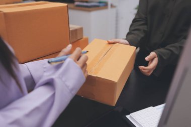 Küçük işletmeler kurma portresi KOBİ sahipleri ve iki Asyalı kadın online siparişleri kontrol ediyor. Ev işlerinde çalışan kutucuklarla çalışan ürünleri satıyorlar.