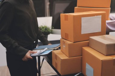 Küçük işletmeler kurma portresi KOBİ sahipleri ve iki Asyalı kadın online siparişleri kontrol ediyor. Ev işlerinde çalışan kutucuklarla çalışan ürünleri satıyorlar.