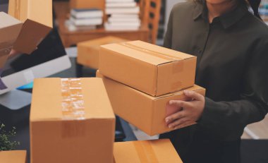 Küçük işletmeler kurma portresi KOBİ sahipleri ve iki Asyalı kadın online siparişleri kontrol ediyor. Ev işlerinde çalışan kutucuklarla çalışan ürünleri satıyorlar.