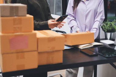 Küçük işletmeler kurma portresi KOBİ sahipleri ve iki Asyalı kadın online siparişleri kontrol ediyor. Ev işlerinde çalışan kutucuklarla çalışan ürünleri satıyorlar.