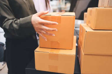 Küçük işletmeler kurma portresi KOBİ sahipleri ve iki Asyalı kadın online siparişleri kontrol ediyor. Ev işlerinde çalışan kutucuklarla çalışan ürünleri satıyorlar.