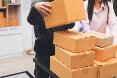 Küçük işletmeler kurma portresi KOBİ sahipleri ve iki Asyalı kadın online siparişleri kontrol ediyor. Ev işlerinde çalışan kutucuklarla çalışan ürünleri satıyorlar.