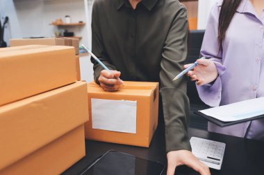 Küçük işletmeler kurma portresi KOBİ sahipleri ve iki Asyalı kadın online siparişleri kontrol ediyor. Ev işlerinde çalışan kutucuklarla çalışan ürünleri satıyorlar.