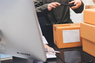 Küçük işletmeler kurma portresi KOBİ sahipleri ve iki Asyalı kadın online siparişleri kontrol ediyor. Ev işlerinde çalışan kutucuklarla çalışan ürünleri satıyorlar.