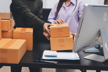 Küçük işletmeler kurma portresi KOBİ sahipleri ve iki Asyalı kadın online siparişleri kontrol ediyor. Ev işlerinde çalışan kutucuklarla çalışan ürünleri satıyorlar.