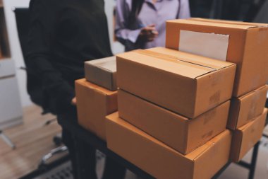 Küçük işletmeler kurma portresi KOBİ sahipleri ve iki Asyalı kadın online siparişleri kontrol ediyor. Ev işlerinde çalışan kutucuklarla çalışan ürünleri satıyorlar.