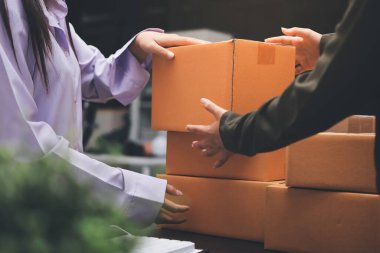 Küçük işletmeler kurma portresi KOBİ sahipleri ve iki Asyalı kadın online siparişleri kontrol ediyor. Ev işlerinde çalışan kutucuklarla çalışan ürünleri satıyorlar.