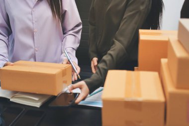 Küçük işletmeler kurma portresi KOBİ sahipleri ve iki Asyalı kadın online siparişleri kontrol ediyor. Ev işlerinde çalışan kutucuklarla çalışan ürünleri satıyorlar.