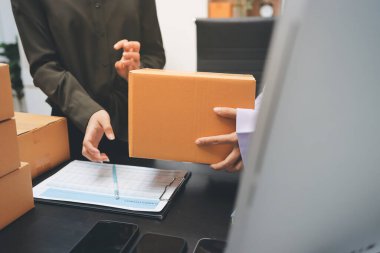 Küçük işletmeler kurma portresi KOBİ sahipleri ve iki Asyalı kadın online siparişleri kontrol ediyor. Ev işlerinde çalışan kutucuklarla çalışan ürünleri satıyorlar.