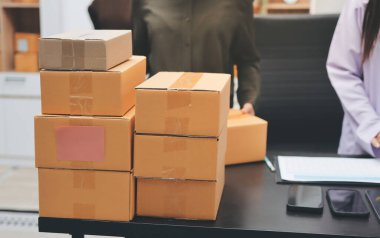 Küçük işletmeler kurma portresi KOBİ sahipleri ve iki Asyalı kadın online siparişleri kontrol ediyor. Ev işlerinde çalışan kutucuklarla çalışan ürünleri satıyorlar.