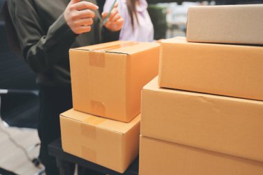 Küçük işletmeler kurma portresi KOBİ sahipleri ve iki Asyalı kadın online siparişleri kontrol ediyor. Ev işlerinde çalışan kutucuklarla çalışan ürünleri satıyorlar.