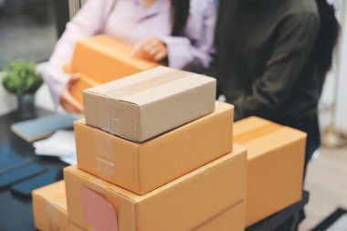 Küçük işletmeler kurma portresi KOBİ sahipleri ve iki Asyalı kadın online siparişleri kontrol ediyor. Ev işlerinde çalışan kutucuklarla çalışan ürünleri satıyorlar.