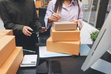 Küçük işletmeler kurma portresi KOBİ sahipleri ve iki Asyalı kadın online siparişleri kontrol ediyor. Ev işlerinde çalışan kutucuklarla çalışan ürünleri satıyorlar.