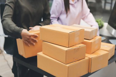 Küçük işletmeler kurma portresi KOBİ sahipleri ve iki Asyalı kadın online siparişleri kontrol ediyor. Ev işlerinde çalışan kutucuklarla çalışan ürünleri satıyorlar.