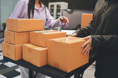 Küçük işletmeler kurma portresi KOBİ sahipleri ve iki Asyalı kadın online siparişleri kontrol ediyor. Ev işlerinde çalışan kutucuklarla çalışan ürünleri satıyorlar.