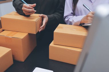 Küçük işletmeler kurma portresi KOBİ sahipleri ve iki Asyalı kadın online siparişleri kontrol ediyor. Ev işlerinde çalışan kutucuklarla çalışan ürünleri satıyorlar.