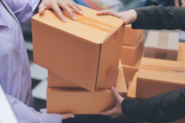 Küçük işletmeler kurma portresi KOBİ sahipleri ve iki Asyalı kadın online siparişleri kontrol ediyor. Ev işlerinde çalışan kutucuklarla çalışan ürünleri satıyorlar.