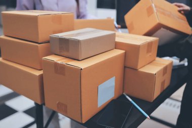 Küçük işletmeler kurma portresi KOBİ sahipleri ve iki Asyalı kadın online siparişleri kontrol ediyor. Ev işlerinde çalışan kutucuklarla çalışan ürünleri satıyorlar.