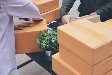 Küçük işletmeler kurma portresi KOBİ sahipleri ve iki Asyalı kadın online siparişleri kontrol ediyor. Ev işlerinde çalışan kutucuklarla çalışan ürünleri satıyorlar.