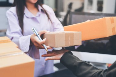 Küçük işletmeler kurma portresi KOBİ sahipleri ve iki Asyalı kadın online siparişleri kontrol ediyor. Ev işlerinde çalışan kutucuklarla çalışan ürünleri satıyorlar.