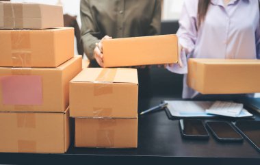 Küçük işletmeler kurma portresi KOBİ sahipleri ve iki Asyalı kadın online siparişleri kontrol ediyor. Ev işlerinde çalışan kutucuklarla çalışan ürünleri satıyorlar.