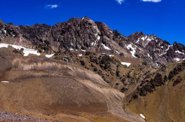 Yüksek irtifada dağ zirvesi, mavi gökyüzü ve arka planda bulutlar.
