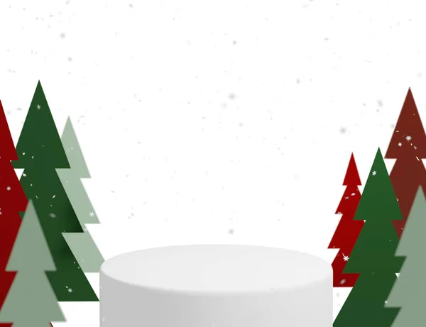 クリスマスの背景イラスト グリーティングカード 製品の背景やテキストの配置のための明確な背景にモミの木や雪片の3Dレンダリング — ストック写真
