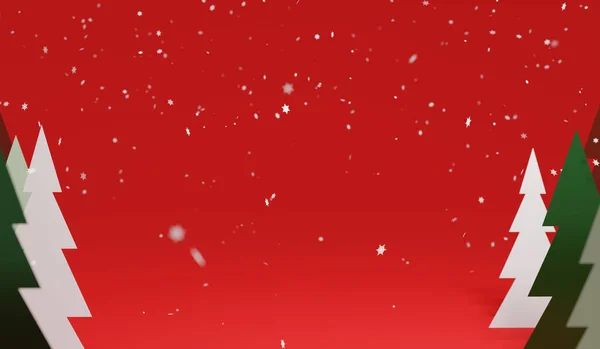 クリスマスの背景イラスト グリーティングカード 製品の背景またはテキスト配置のための赤い背景にモミの木や雪片の3Dレンダリング — ストック写真