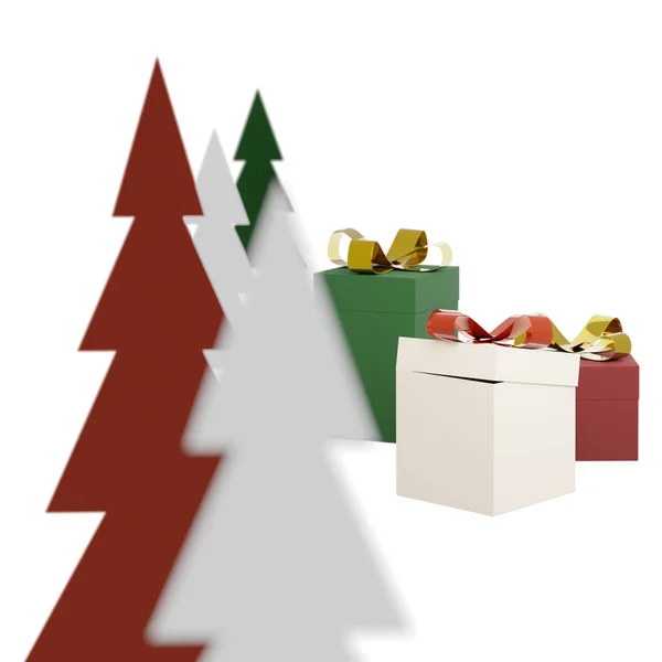 モミの木やギフトボックス 3Dレンダリングでクリスマスの背景シーン 新年の贈り物 季節のポスターやモックアップのための白い隔離された背景 — ストック写真