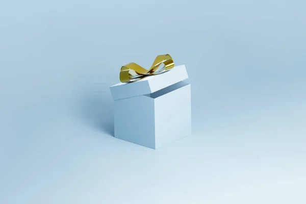 Rendering Kotak Hadiah Biru Terbuka Dengan Simpul Busur Emas Liburan — Stok Foto
