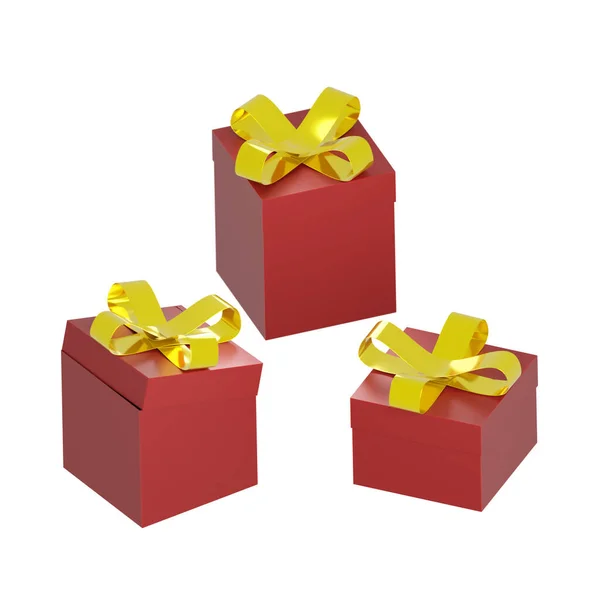 Renderelés Piros Ajándék Dobozok Aranyos Arany Csomó Téli Ünnepek Karácsonyhoz — Stock Fotó