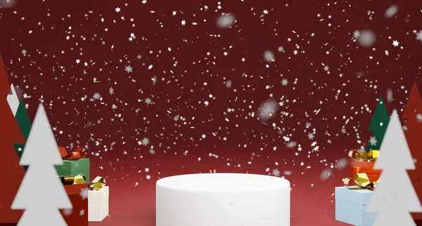 モミの木 製品の表彰台やギフトボックス 3Dレンダリングでクリスマスの背景シーン 新年プレゼント 赤い冬の背景と季節のポスターやモックアップのためのテキストスペース — ストック写真