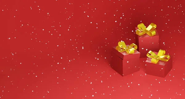 Απόδοση Κόκκινων Κουτιών Δώρου Χαριτωμένους Χρυσούς Κόμπους Χειμερινές Διακοπές Χριστούγεννα — Φωτογραφία Αρχείου
