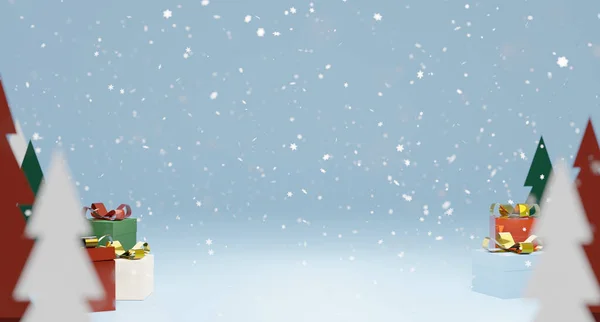 圣诞树 雪和礼品盒的圣诞背景场景 3D渲染 新年礼物 蓝色冬季背景和季节性海报或模型的文字空间 — 图库照片