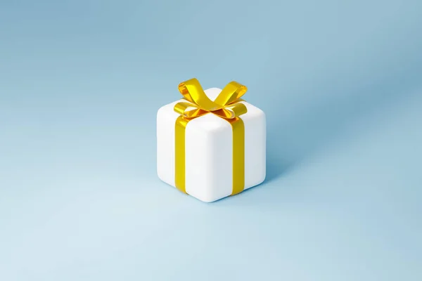 Caixa Presente Brilhante Branco Com Fita Dourada Brilhante Fundo Azul — Fotografia de Stock