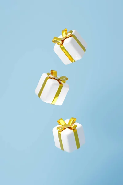 Fehér Fényes Ajándékdobozok Fényes Arany Szalaggal Kék Háttérrel Illusztrációval Jelen — Stock Fotó
