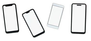 Beyaz arka planda çeşitli ekranları olan genel akıllı telefonlar. Çok platformlu, telefon markaları konsepti çeşitliliği